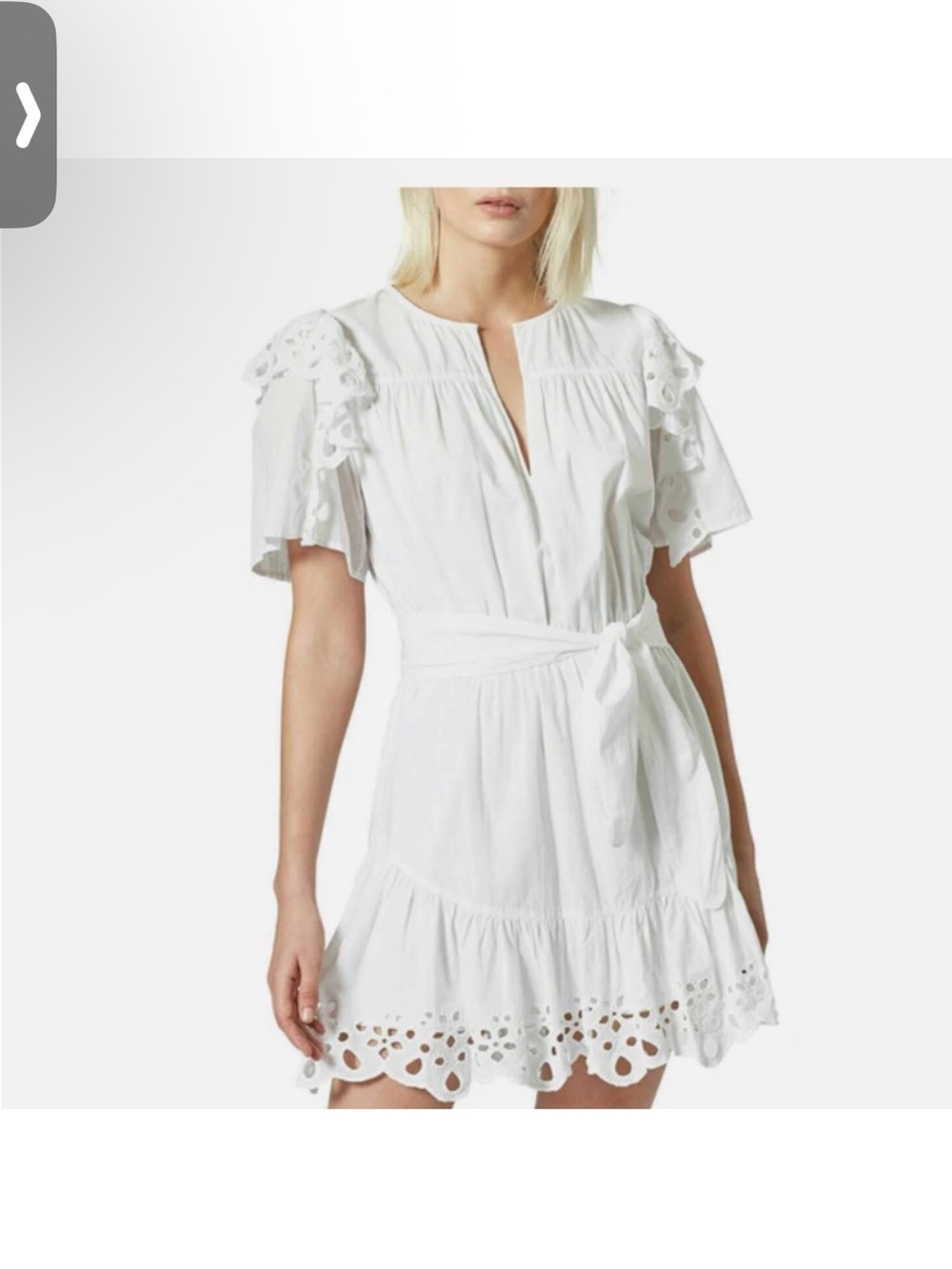 Joie White Eyelet Safia Tie-Waist Mini Dress with Flutter Sleeves